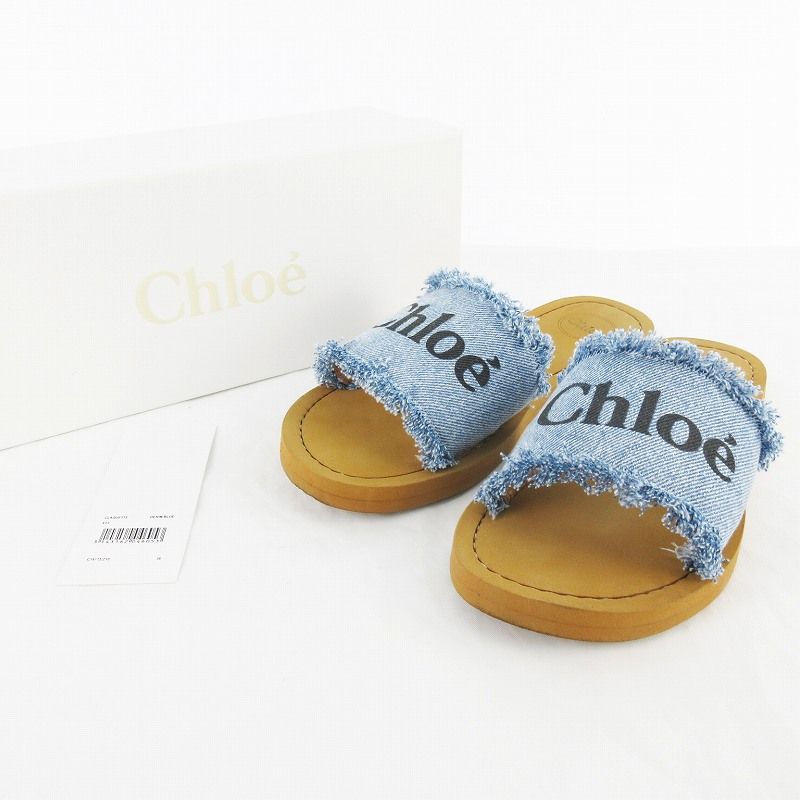 クロエ CHLOE サンダル フラット デニム ロゴ インディゴ ブルー 36 約