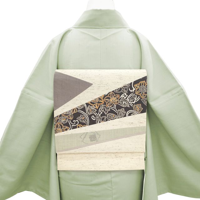 袋帯 牛首紬 全通 全通柄 緑 金ベージュ 切りばめ 草花 扇