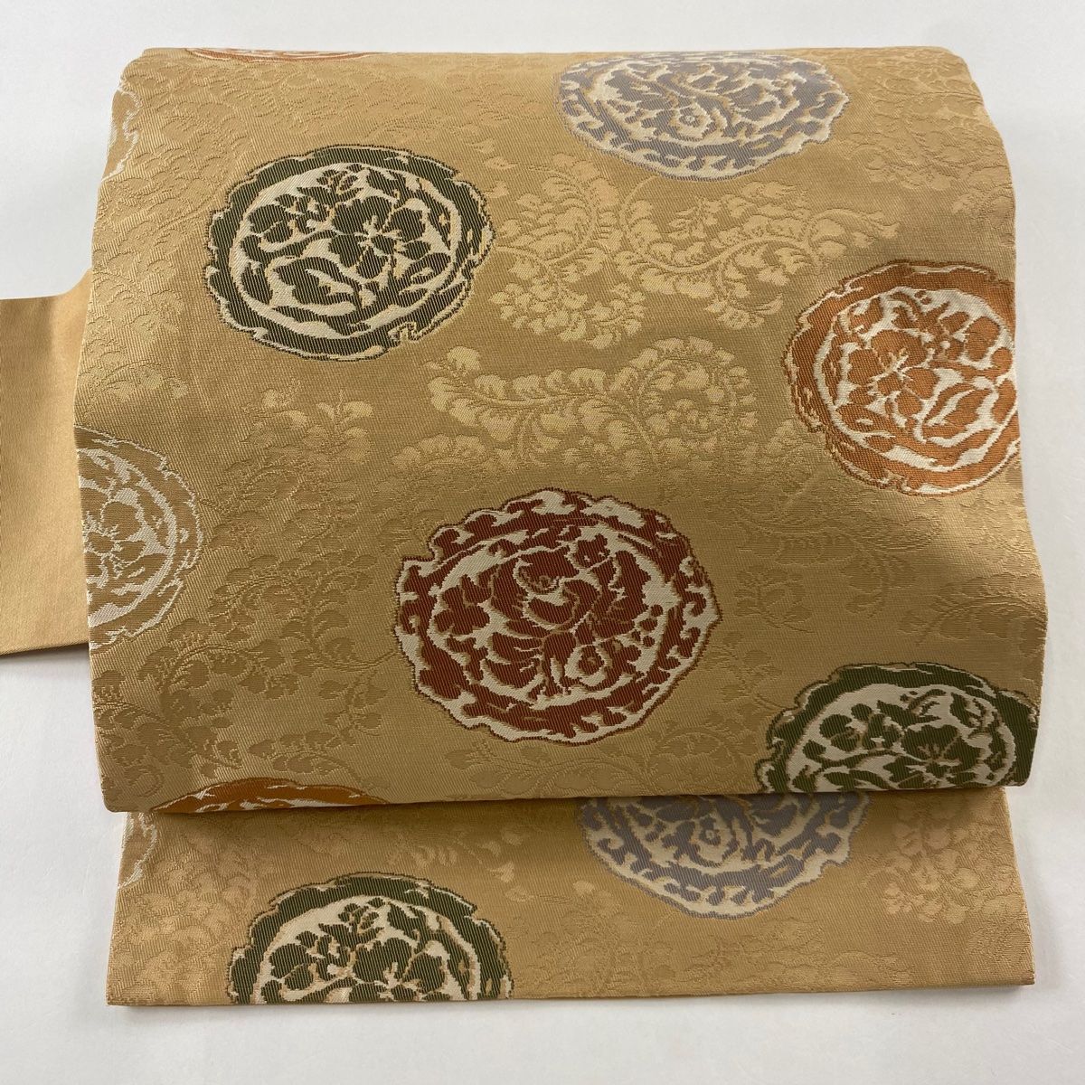 半幅帯 美品 名品 縞 幾何学 山吹茶色 正絹 中古 半幅帯 美品 名品 縞 幾何学 山吹茶色 正絹 中古