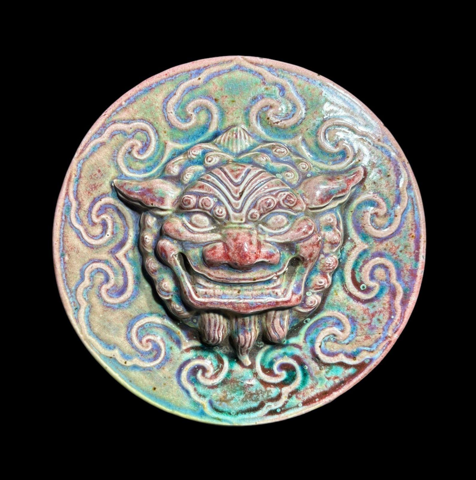 壁掛け 鬼 陶器製 中国美術 オブジェ 鬼瓦 魔除け 彫刻 民芸 工芸品 