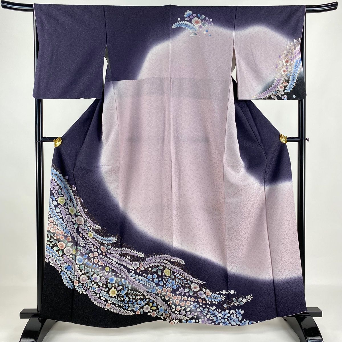 訪問着 身丈160.5cm 裄丈67.5cm L 袷 草花 金彩 銀通し 紫 正絹
