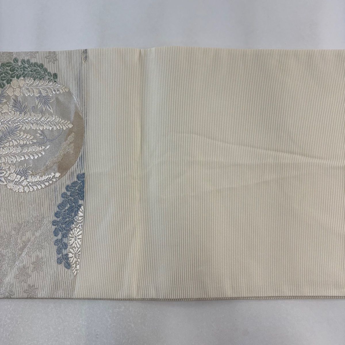 袋帯 美品 秀品 夏帯 絽 竜田川 菊 藤 金銀糸 箔 クリーム 六通 正絹 