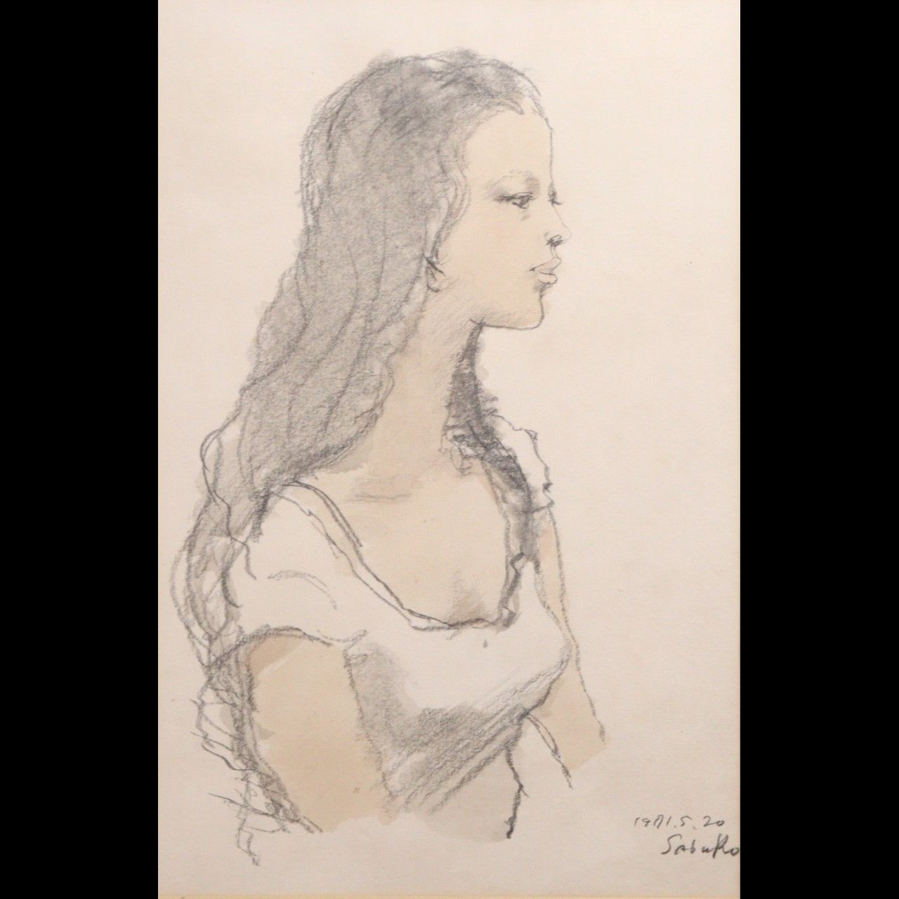 斉藤三郎「少女」 肉筆デッサン画4号 水彩 共シール 古美術 購入 楾 P199.