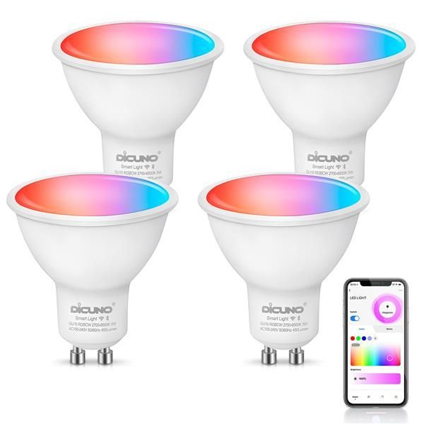 4個入 【 Alexa認定】DiCUNO スマート電球 GU10口金 LED電球 5W 50W形ハロゲン電球相当 450lm 調光調色 電球色・昼白色 マルチカラー 1600万色 RGBCW 広配光 Wi-Fi Bluetooth接続 ハブ不要 PSE認証済み