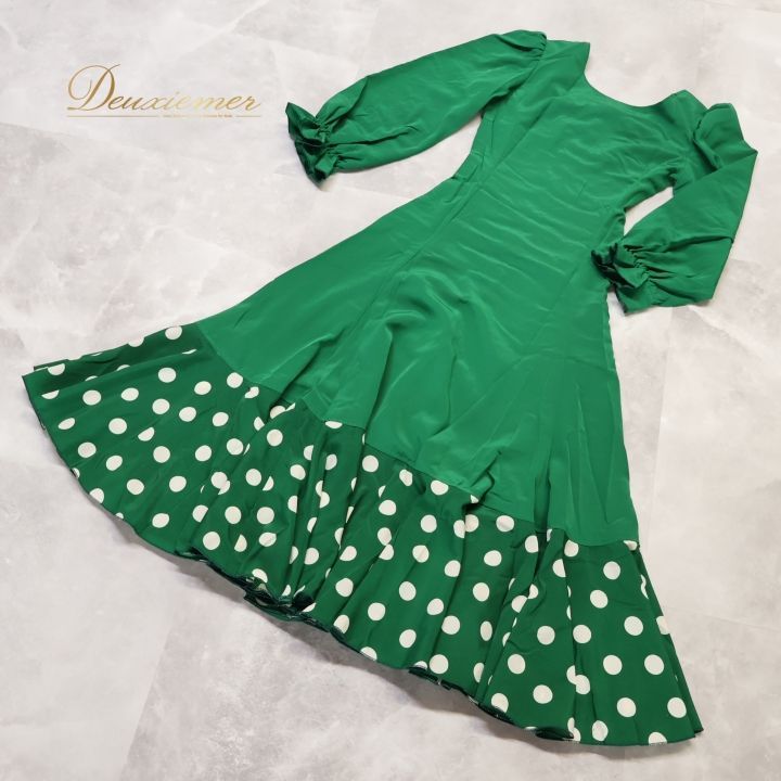フラメンコ 衣装 ワンピース ドレス オンライン グリーン系 ドット柄