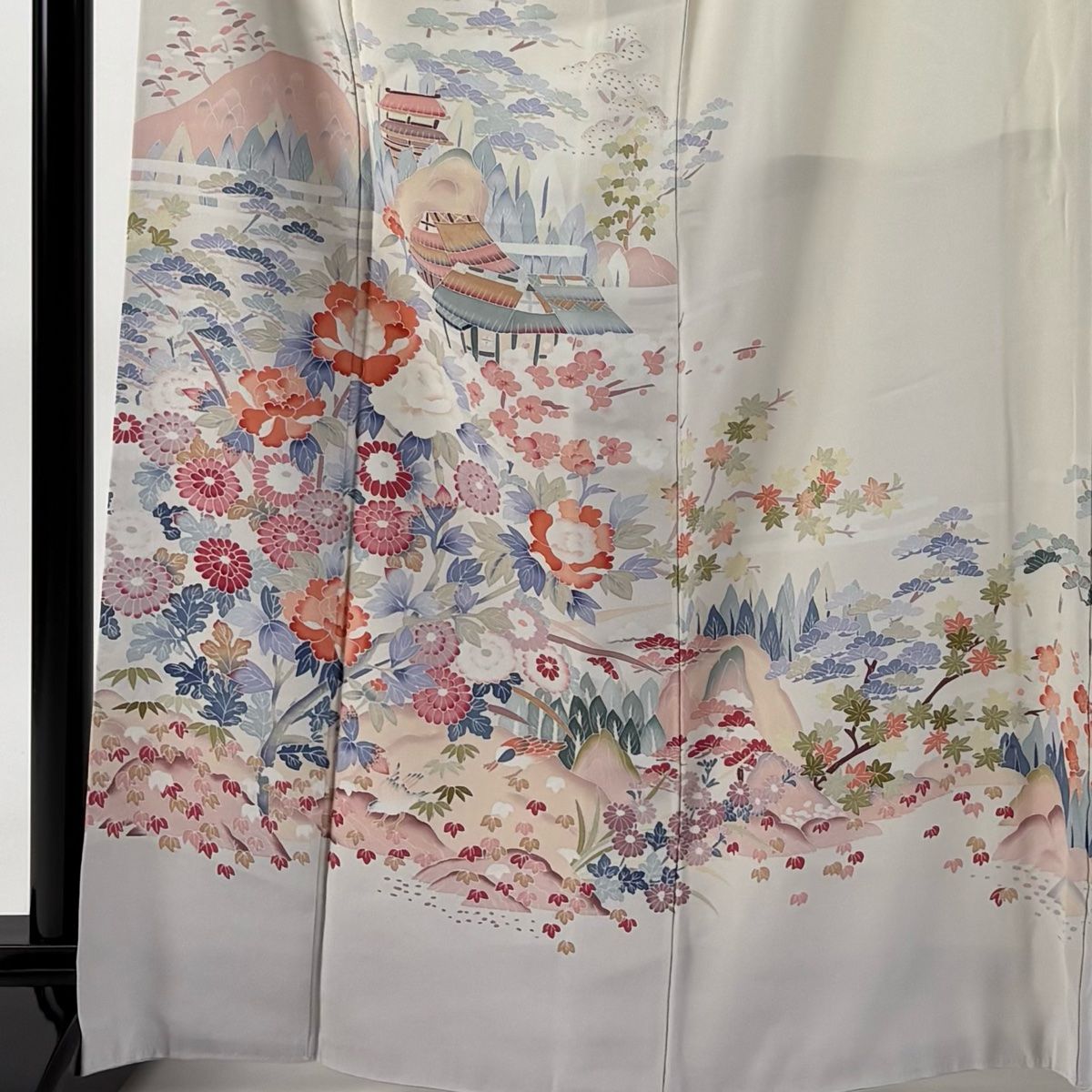 訪問着 身丈166cm 裄丈66cm M 袷 落款 家屋 松竹梅 ぼかし ベージュ 正絹 名品