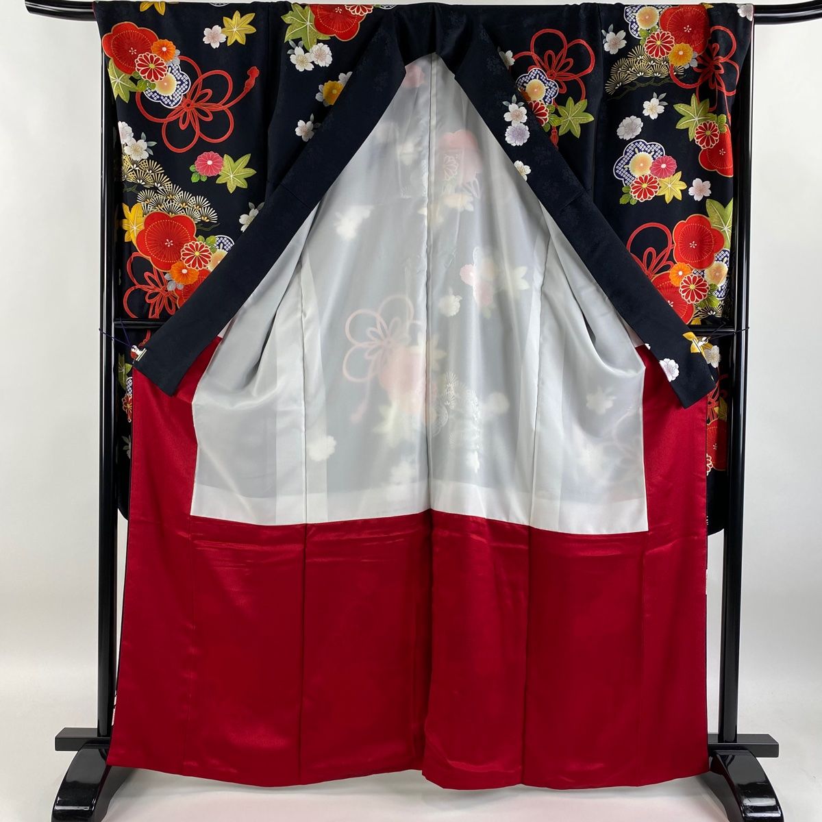 振袖フルセット 身丈169.5裄65.5 叩き染め 茶色 黒 グレー 美品 振袖 身丈163cm 裄丈65cm M 袷 袋帯フルセット 落款 松竹梅 蝶