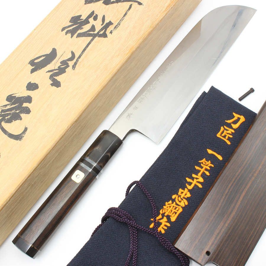 刃匠 一竿子忠綱 水本焼 波紋あり 鎌形薄刃包丁 八寸 銀巻 目釘 八角黒檀柄 黒檀鞘付き 刃渡り約240mm 和包丁
