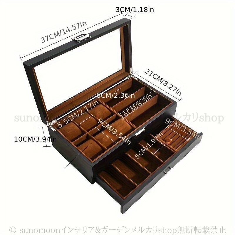 収納 ケース 腕時計 6本 木製 シック エレガント おしゃれ かわいい インテリア 北欧 見える 天窓 引き出し 付き ウォッチ ブラック NEXPOTALLINN_EU