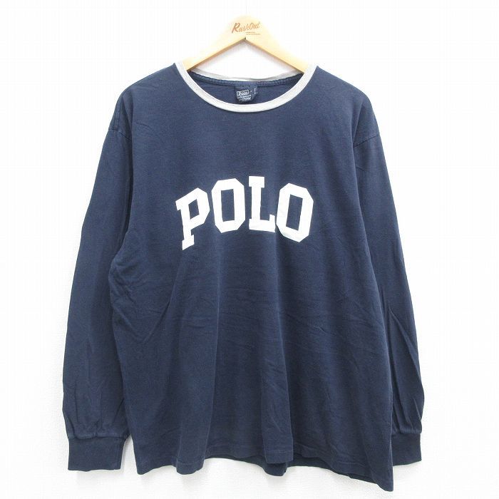 XL/古着 ラルフローレン 長袖 ブランド Tシャツ メンズ ビッグロゴ 大きいサイズ コットン クルーネック 紺他 ネイビー 24aug24 中古