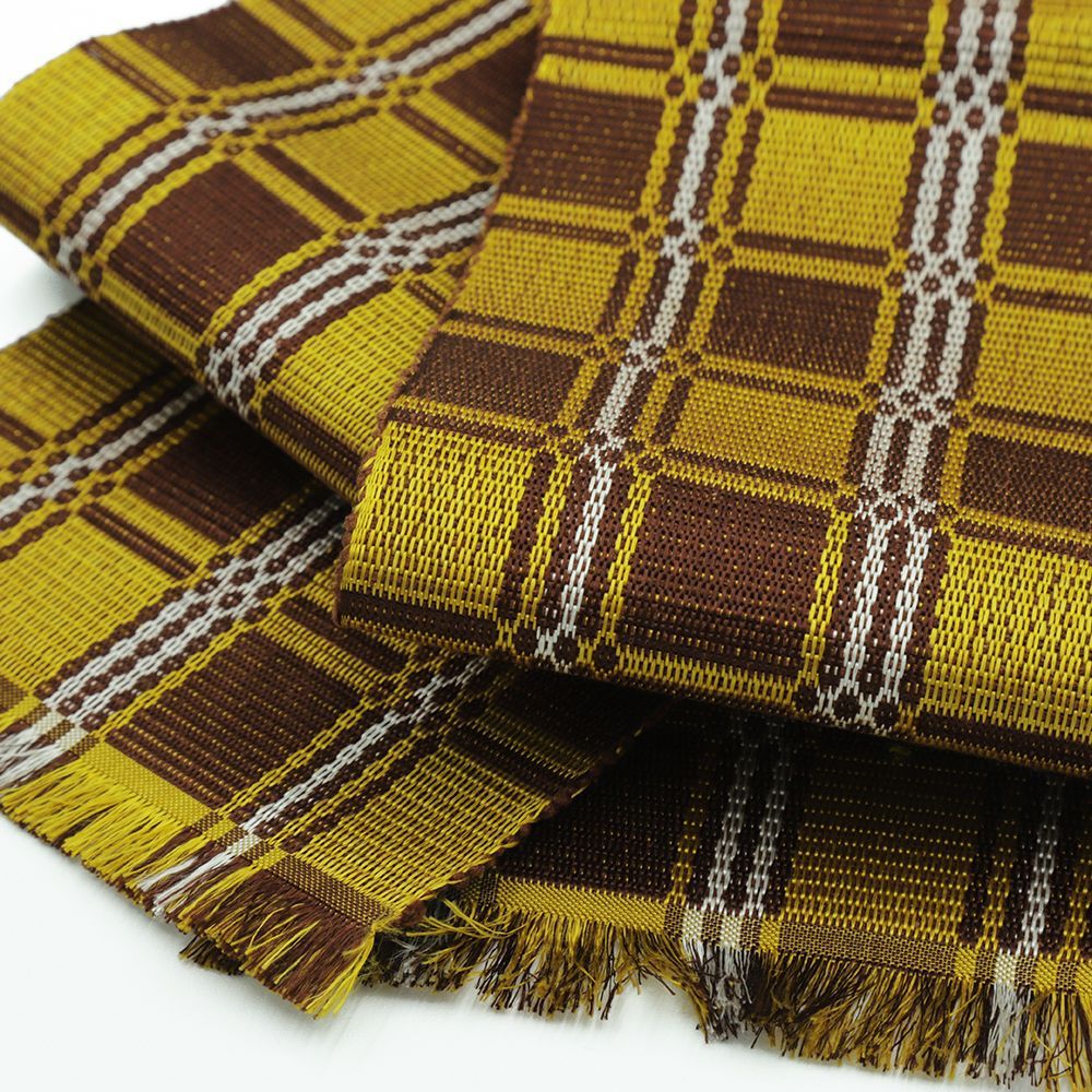 超美品　正絹　半幅帯　着物　本場　黄八丈　茶色　黄色　シンプル　ボーダー 305 半幅帯 本場黄八丈 正絹 格子 黄色 茶 仕立て上がり 新古品 カジュアル