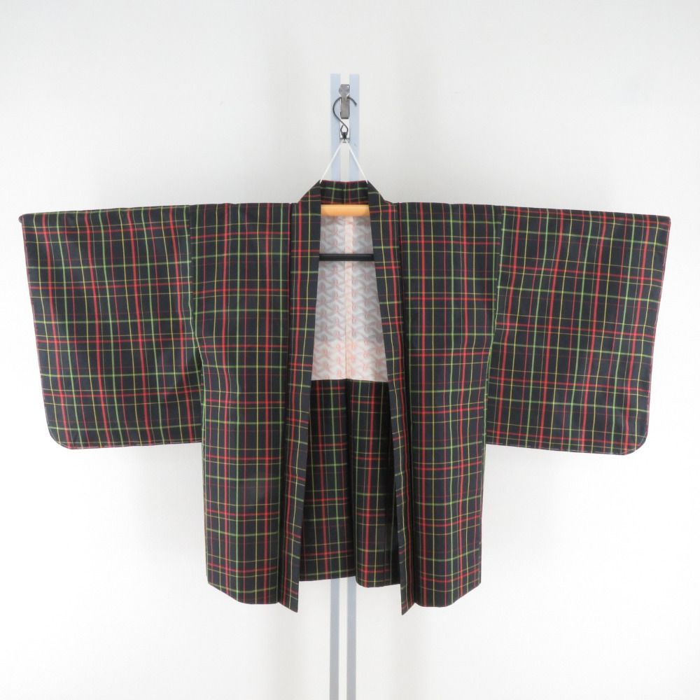 紬 着物 本場大島紬 アンサンブル 羽織付 格子文様 袷 バチ衿 黒色x