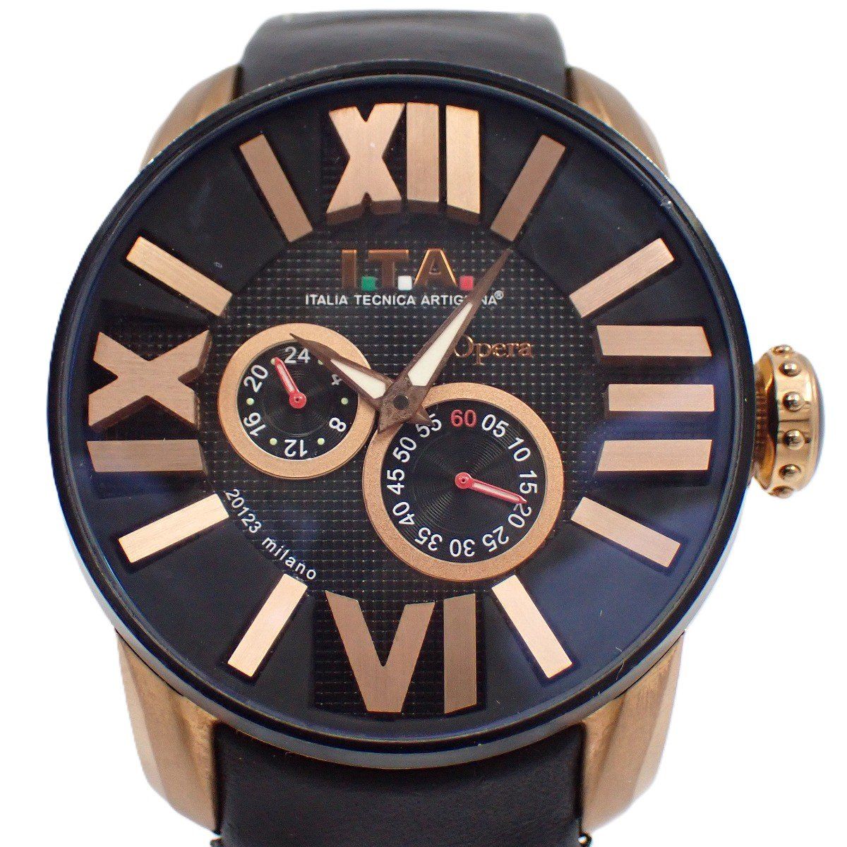 I.T.A. Opera オペラ 自動巻き メンズ 腕時計 ピンクゴールド色 黒文字盤 裏スケ 純正革ベルト Ref.21.00.06 いおき質店