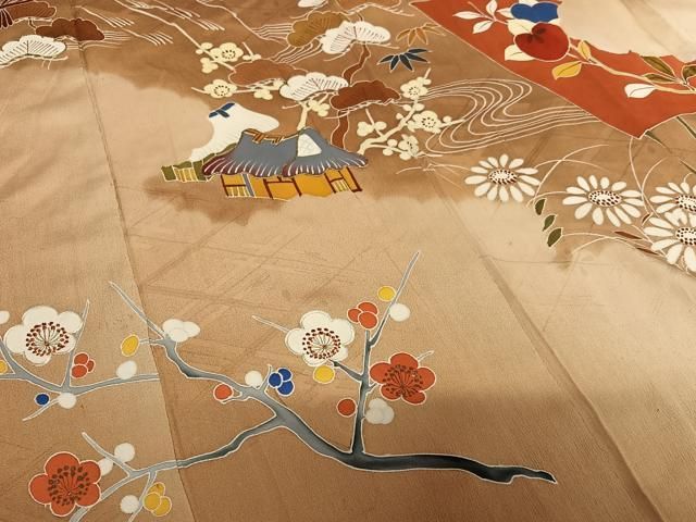 平和屋着物○アンティーク 大正ロマン 小振袖 二尺袖 駒刺繍 松竹梅風景