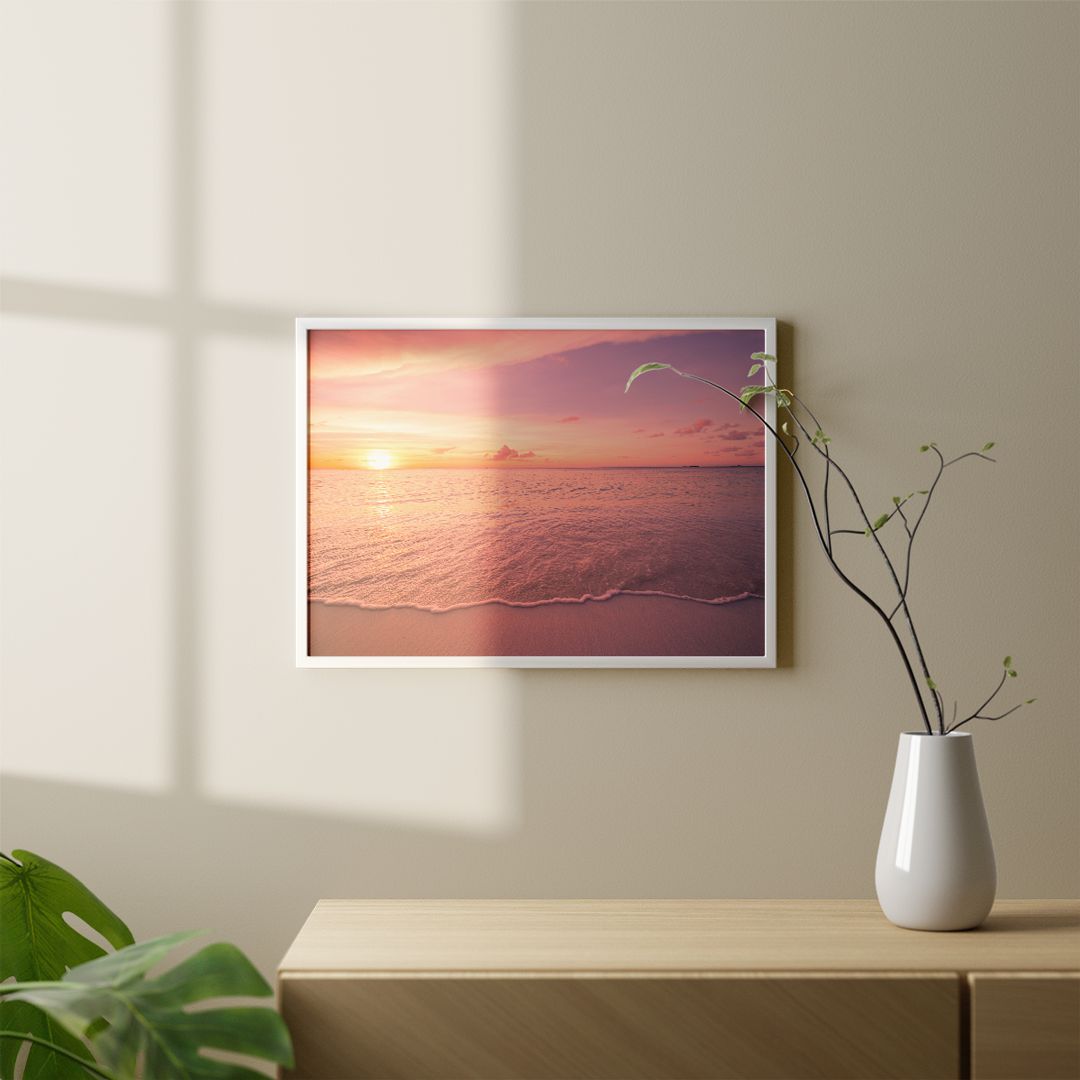アートポスター サンセットビーチ ピンク 波 夕陽 海 インテリア