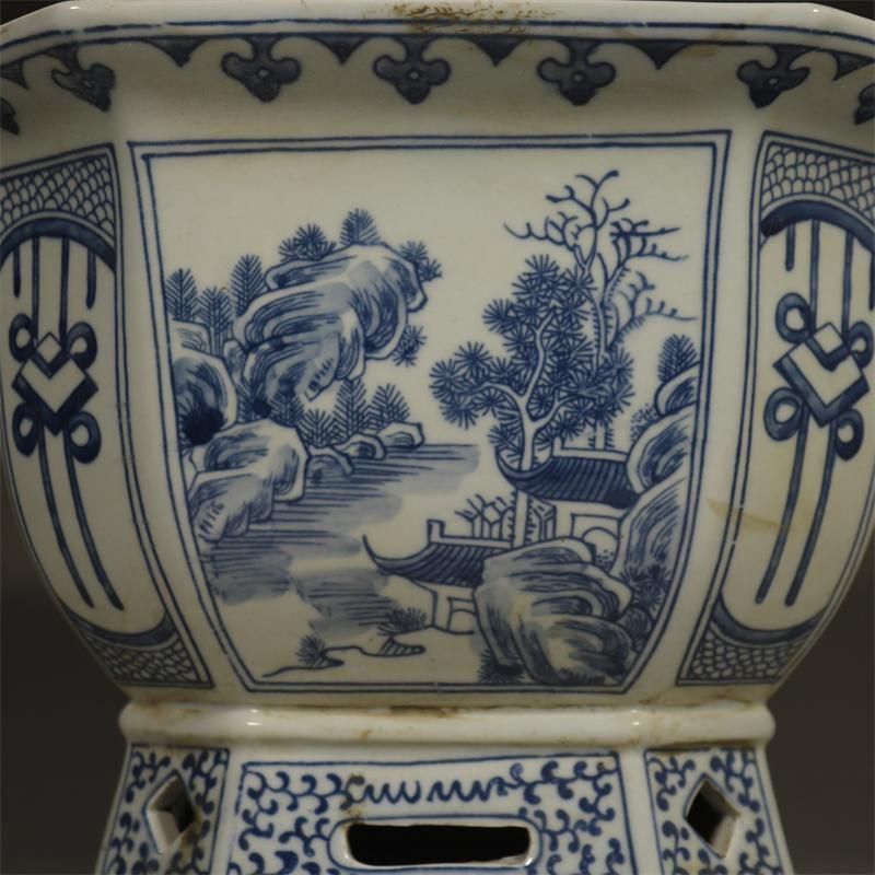 青花寿の山水紋高足四方鉢  陶磁器   工芸品 美術品 置物 青花寿の山水紋高足四方鉢 陶磁器 工芸品 美術品 置物 青花