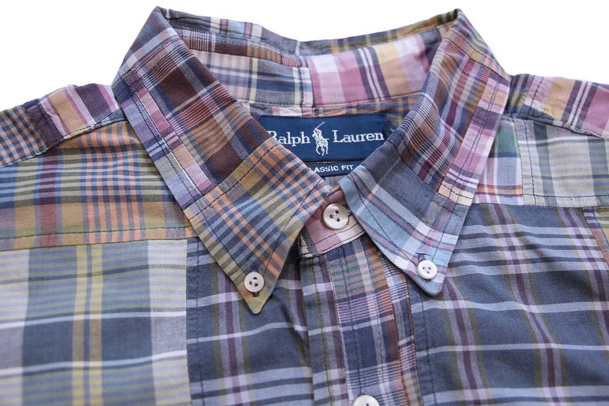 Ralph Lauren マドラスチェック パッチワーク ボタンダウン シャツ 00s ラルフローレン CLASSIC FIT マドラスチェック パッチワーク