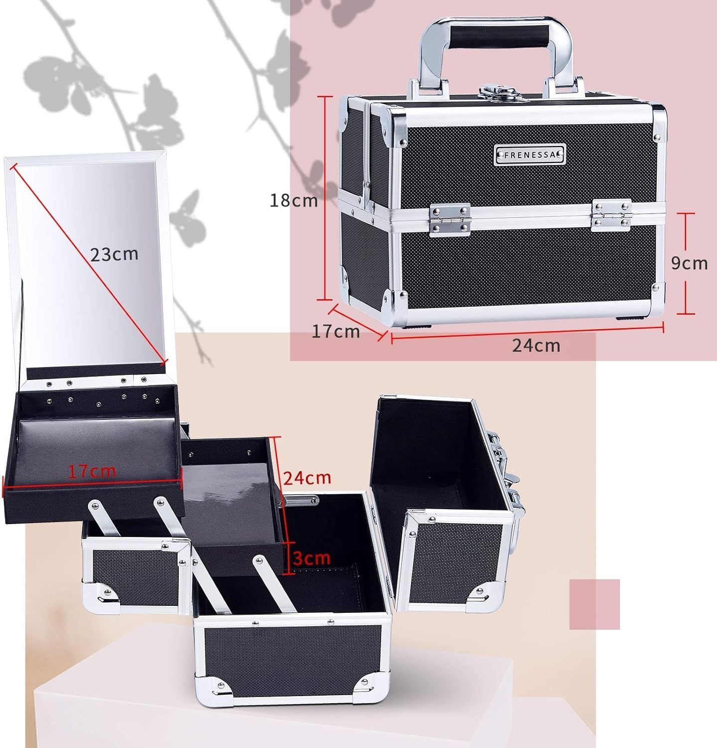 【人気商品】ネイルグッズ 化粧箱 化粧品入れ コスメ道具入れ ネイル収納 コスメボックス 鍵付き 2段トレイ ブラック 鏡付き 母の日のプレゼント メイクボックス (黒) Hapilife