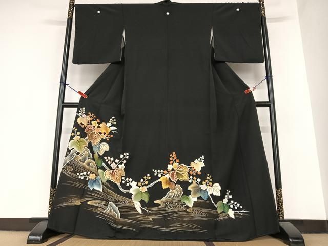 平和屋着物●創業460年 千總 黒留袖 駒刺繍 流水枝花文 金彩 正絹 AABA8795zg