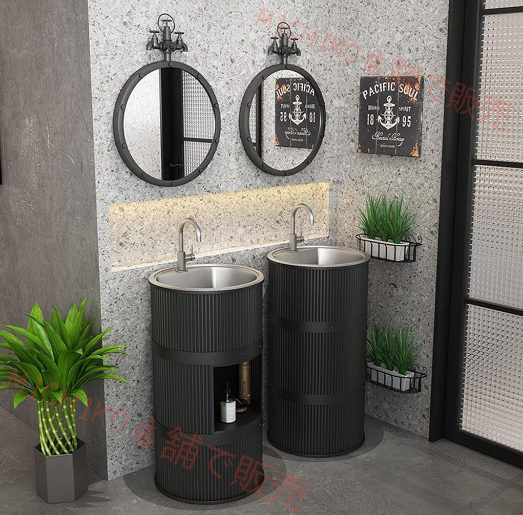 台座シンク キャビネット 円筒形 レトロ インダストリアル スタイル バスルーム 洗面化粧台セット 304 ステンレス鋼 洗面台 シンク 蛇口 鏡付き 自立型 バスキャビネット アイアンアート イエロー 収納付き NEXPOTALLINN_EU