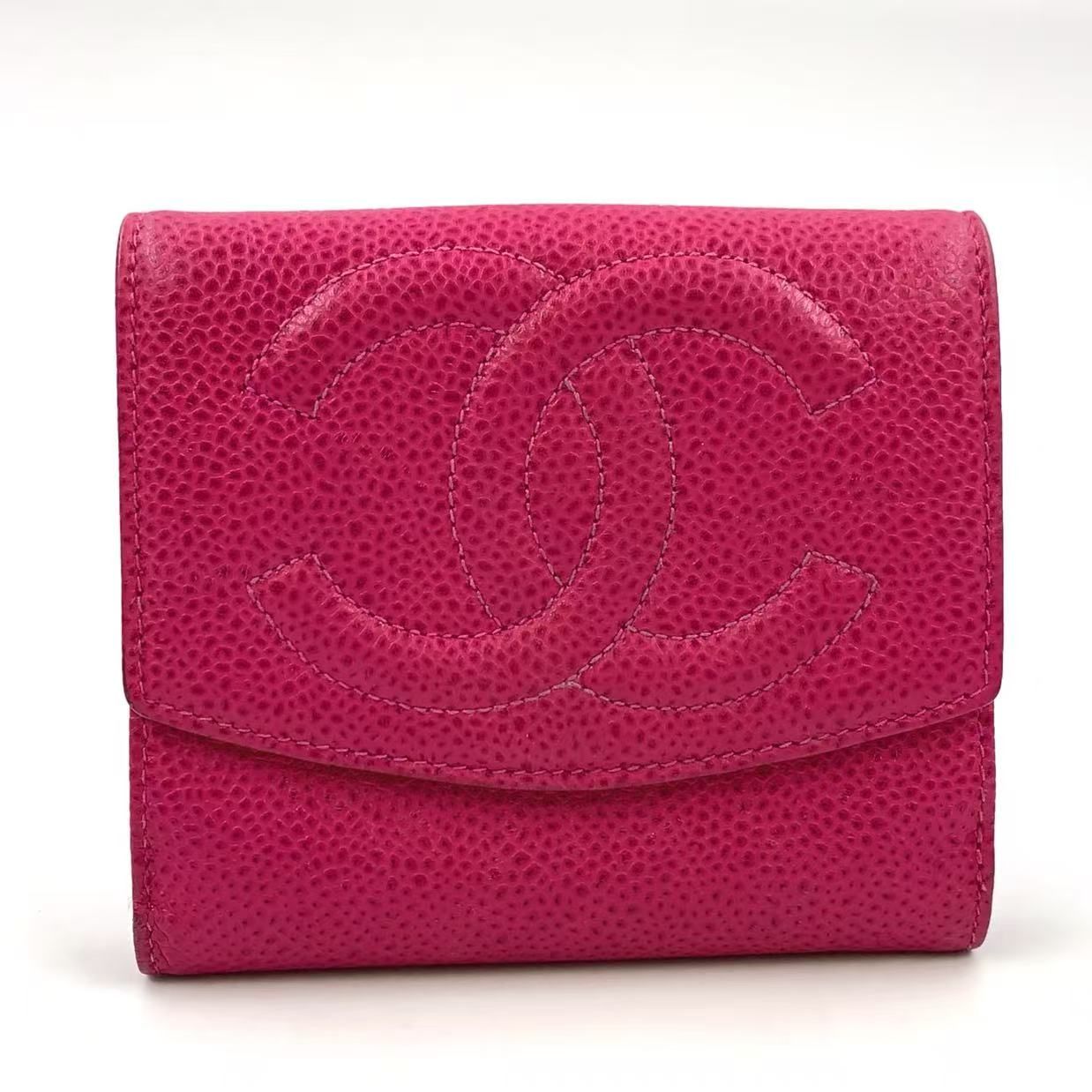 CHANEL ココステッチ Wホック ココマーク キャビアスキン ピンク