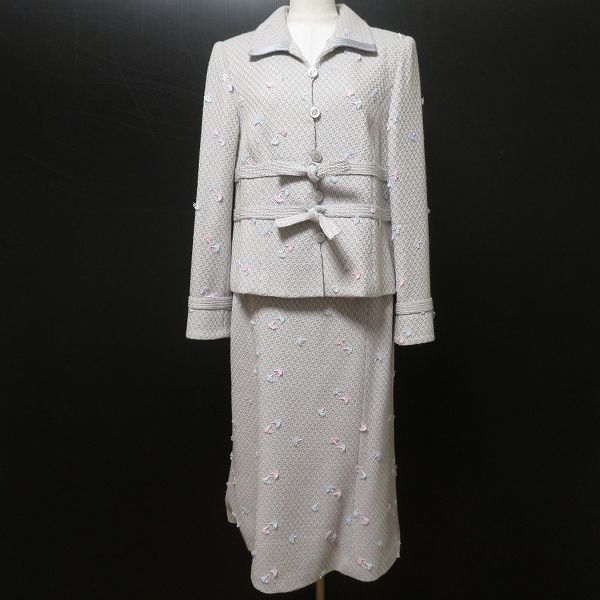 wnc スズキノリオ Suzuki Norio スカートスーツ セットアップ 薄紫 白系 オートクチュール ツイード 刺繍 レディース 965653