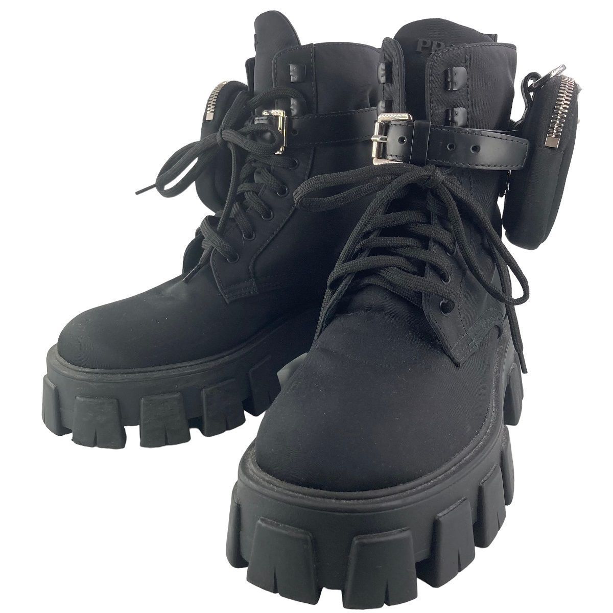 プラダ モノリス コンバットブーツ ブラック プラダ モノリス ポーチ付 レザーx Re-Nylon ブーツ