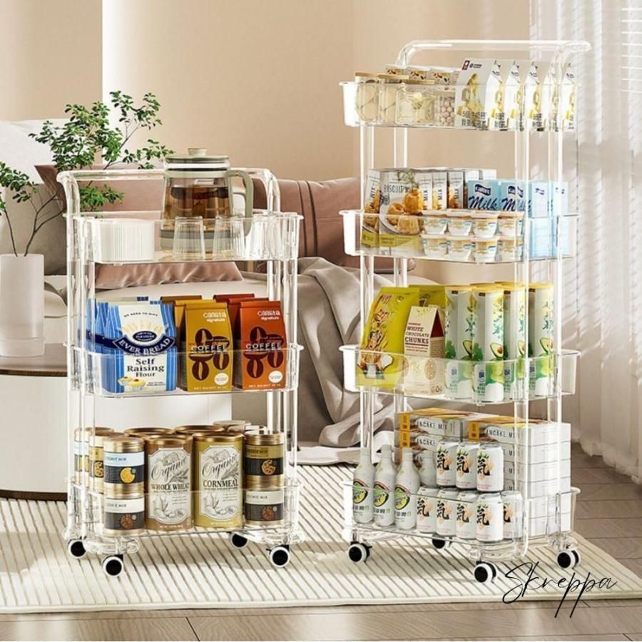 ワゴン クリア 透明 クリアラック キャスター付き キッチンワゴン 収納ラック 取っ手付き 3段 4段 インテリア 子供部屋 子供部屋収納 おも