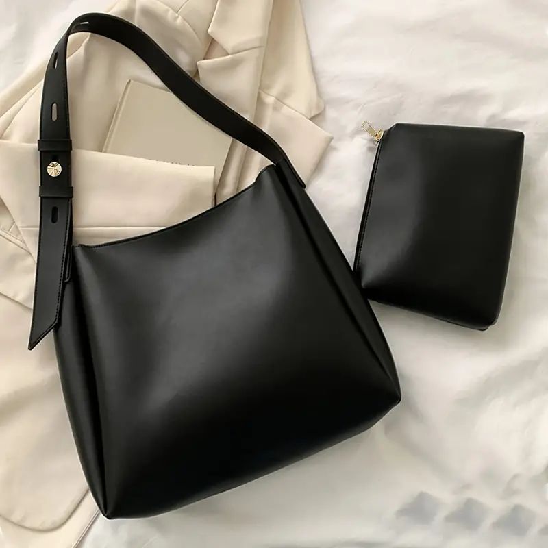2-in-1 PUレザーショルダーバッグセットスタイリッシュな黒 PU トート 