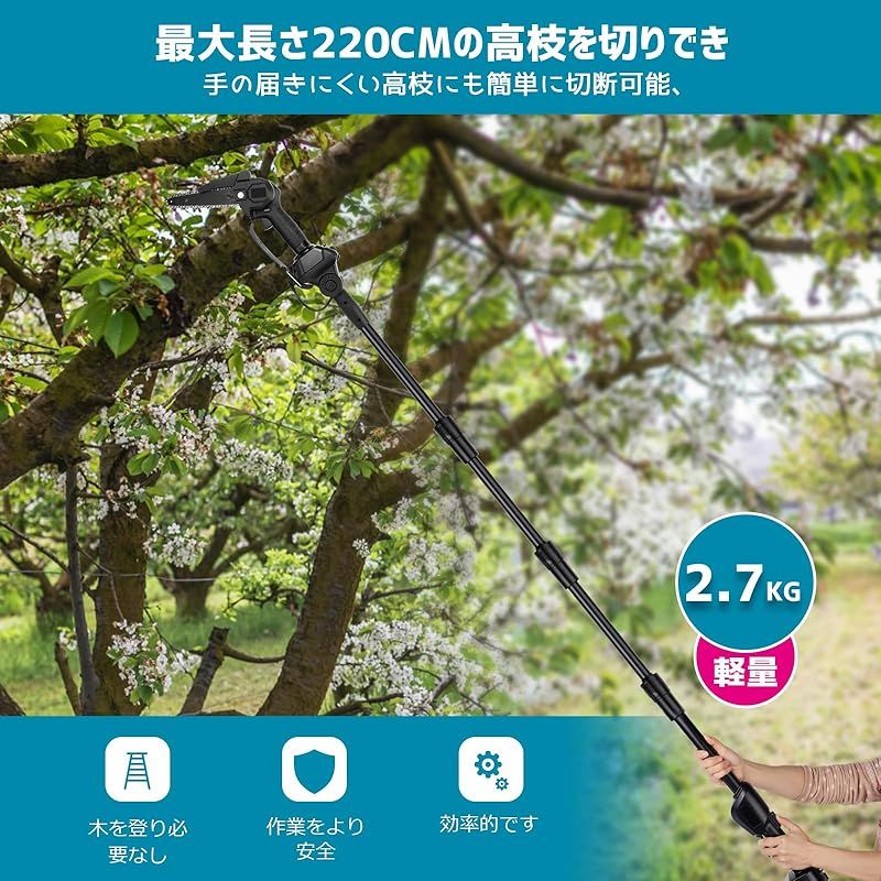 POXITY 高枝切り電動チェーンソー たかえだ 電動 チェーンソー 4段階伸縮延長ポール 最長2.2m ６インチ 高枝 チェーンソー 角度調節 強力 木工切断 ２個大容量バッテリー コードレス 電動高枝切りチェーンソー 高枝伐採 パワフル プロ伐採 1