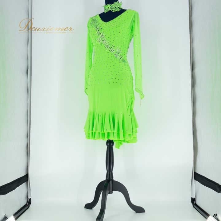 社交ダンス 衣装 ラテン ドレス ワンピース 黄緑 蛍光 デモ 競技