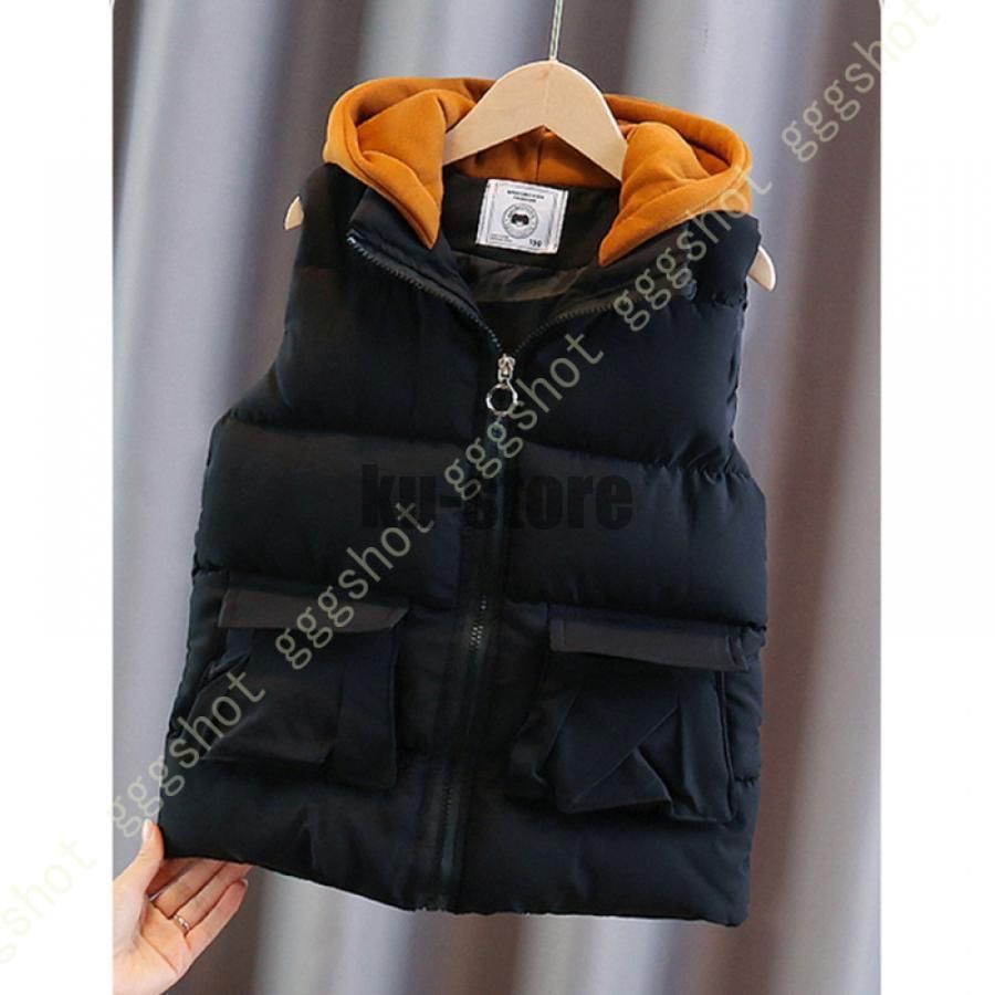 ダウンベスト キッズ ベスト 綿 前開き 厚手 防寒 中綿ベスト 子供服 ノースリーブ 春秋冬 ベビー服 アウター フード付き コート キャンプ アウトドア 光沢感