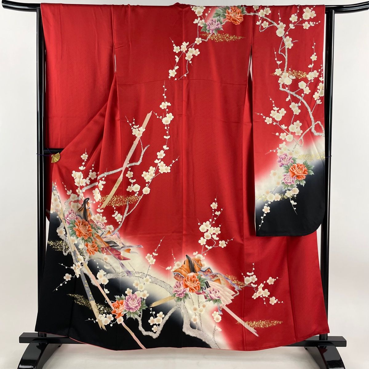 本物 身丈155cm 振袖 裄丈65cm 【中古】 秀品 美品 正絹 赤 金彩 羽根 ...