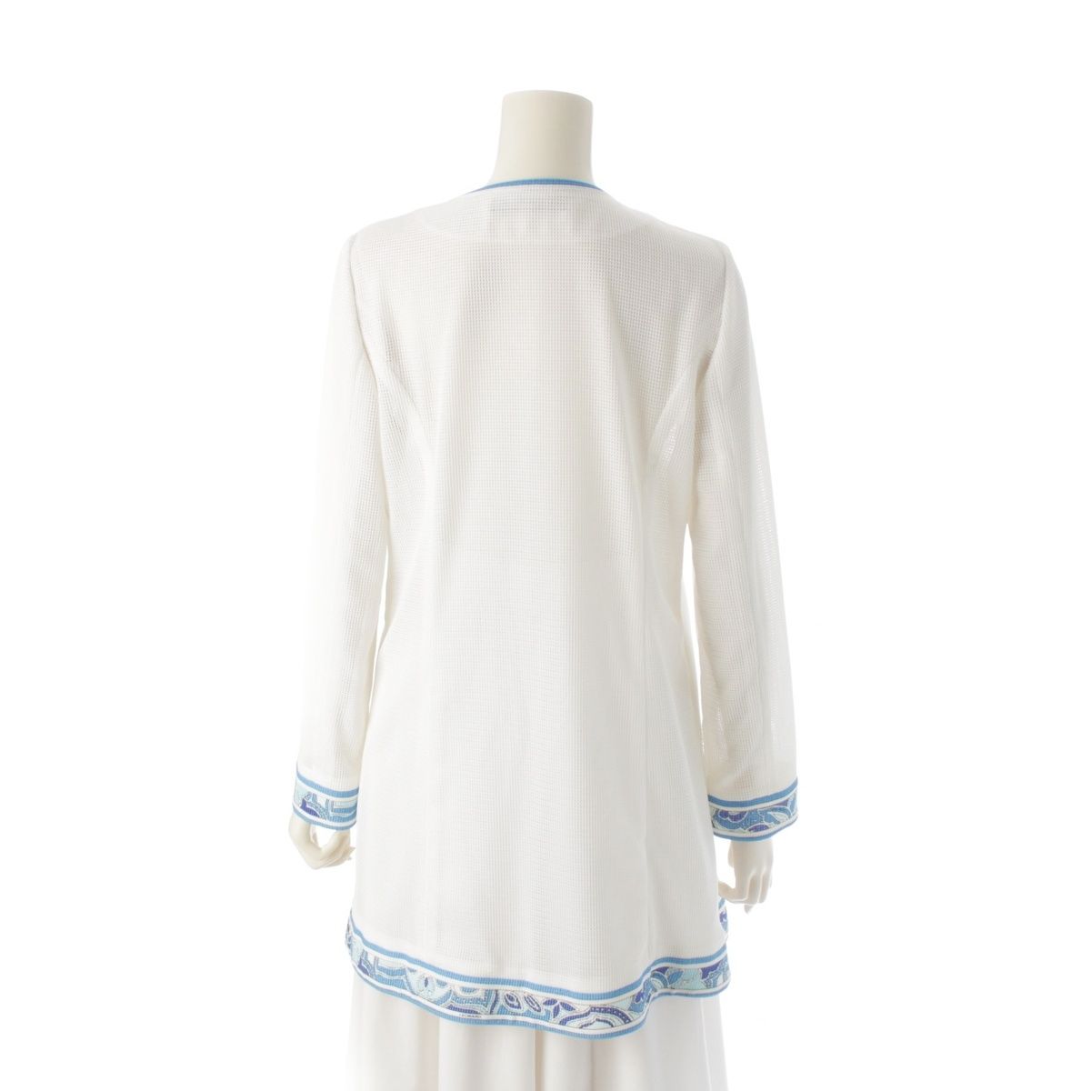 LEONARD - レオナール 花柄 メッシュ ノーカラージャケット コート アウター 0351354 ホワイト 38【中古】 レオナール 花柄 メッシュ ノーカラージャケット コート