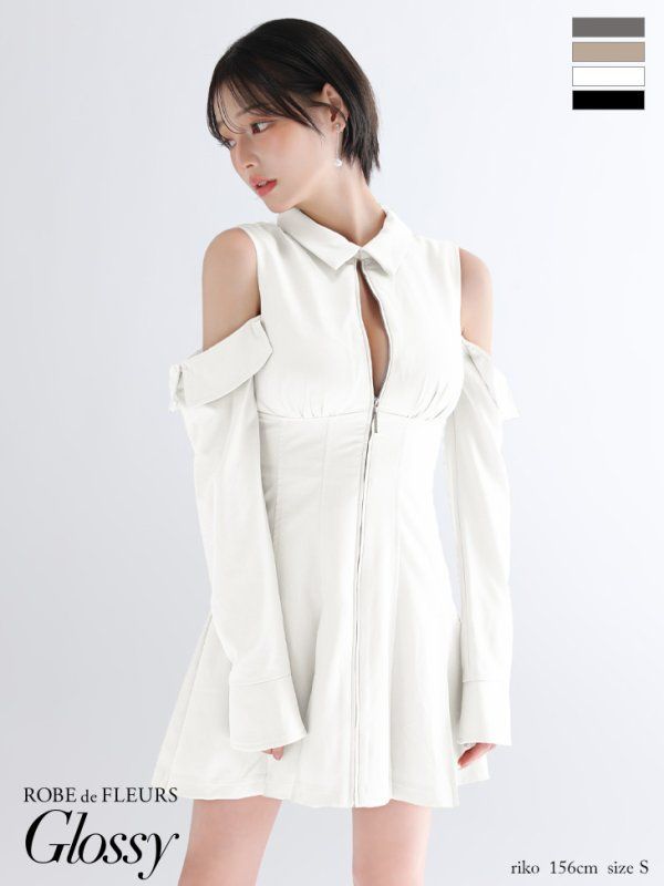 ホワイト GL4126 ROBE de FLEURS Glossy | ローブドフルールグロッシー ツイル| 襟付き| ジッパー| 肩あき| オープンショルダー| 長袖| フ | ミニドレス| キャバドレス| ワンピース
