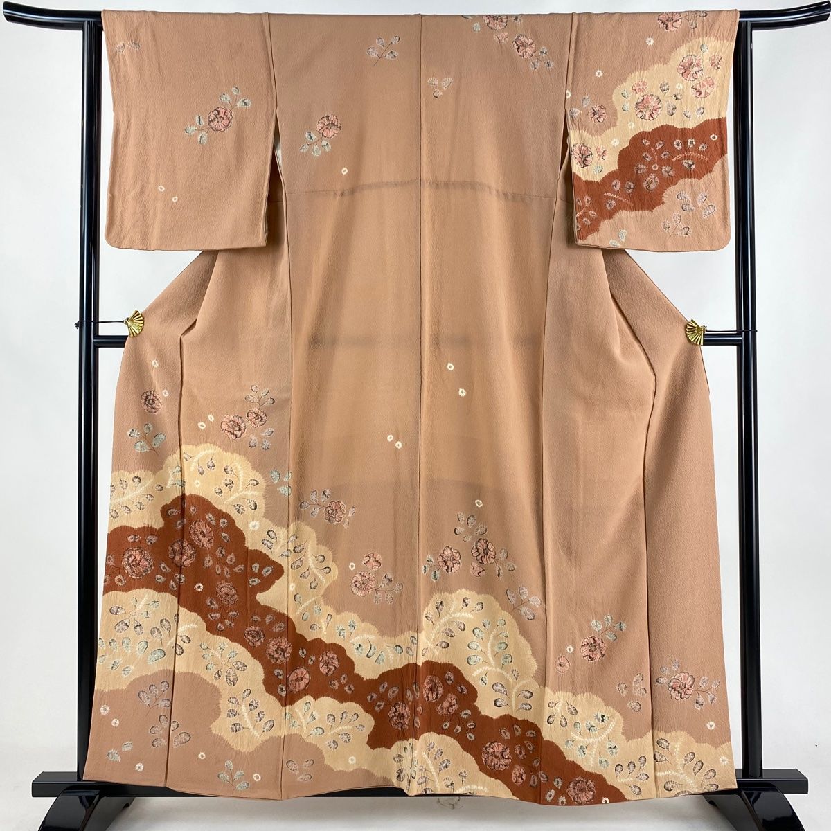 訪問着 身丈158.5cm 裄丈64cm M 袷 草花 雲文 絞り ピンク 正絹 名品