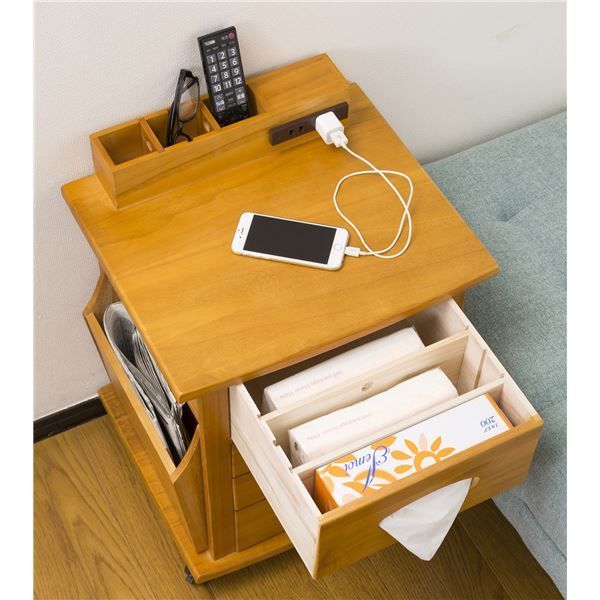 すっ桐 ナイトワゴン/サイドテーブル 木製 二口コンセント/キャスター付き すっ桐 ナイトワゴン/サイドテーブル 木製 二口コンセント/キャスター付き