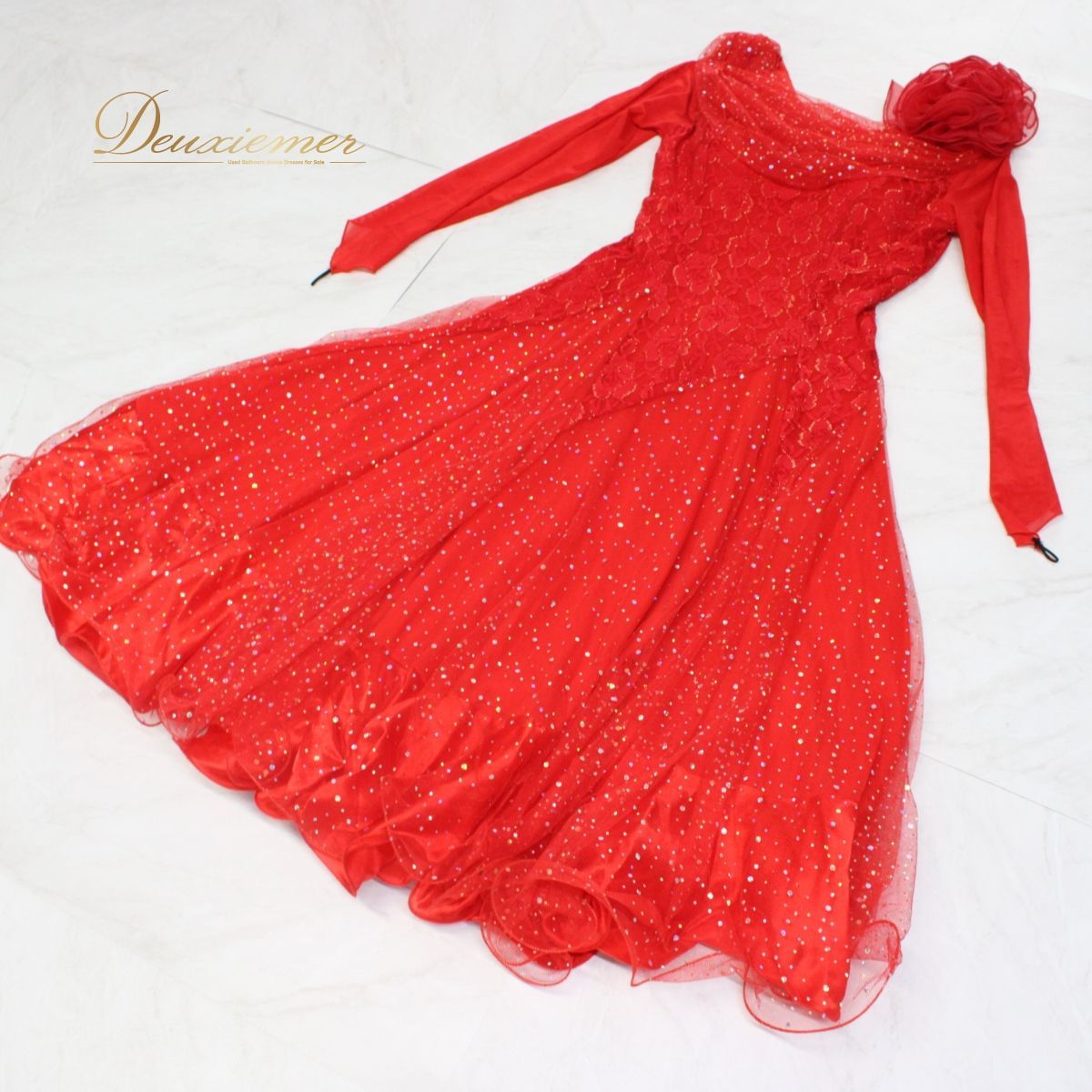 【美品 社交ダンス衣装】ワンピース ドレス prima boutique プリマブティック 赤 レッド コサージュ ホログラム キラキラ 派手 美品 社交ダンス衣装】ワンピース ドレス prima boutique プリマ