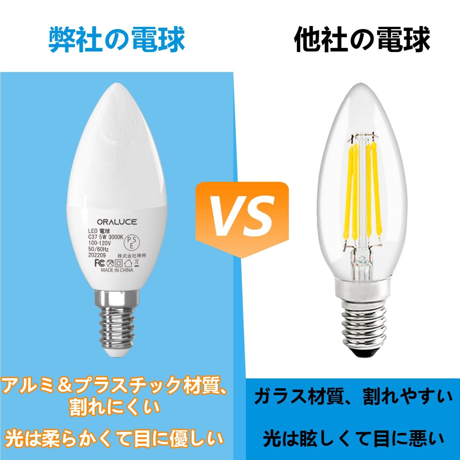 新品 非調光 密閉形器具対応 省エネ 6個入 高輝度 燭台電球 450lm 5W 3000K 電球色 40W相当 led e12 電球 シャンデリア  LED ORALUCE メルカリ