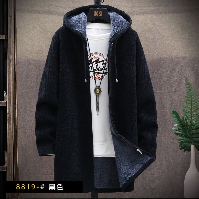 黒新作秋冬新品メンズカーディガンニットセーター ロング 裏起毛裏ボア 厚手コート無地 細身 フード付きパーカー 五色 M~4XL選択