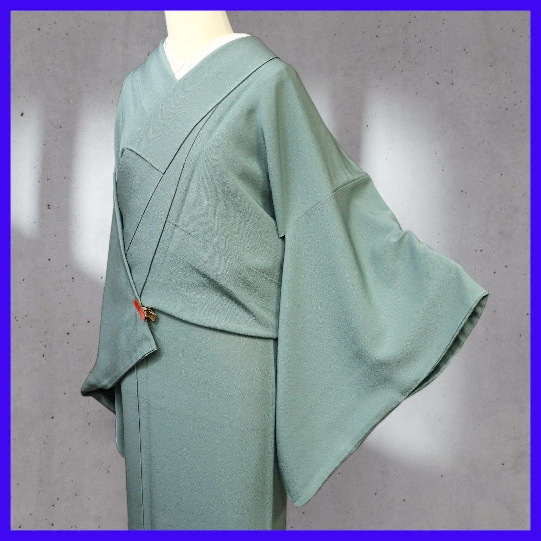 三日月とうさぎ a0416 正絹 一つ紋色無地 重量感のある縮緬地