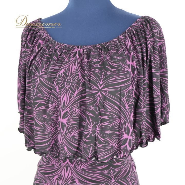 フラダンス 衣装 ツーピース セットアップ 上下セット ブラック系 Kuulei Hawaii フラ ダンス ストレッチ 総柄 ハワイアン タヒチアン 柔らかい 伸縮 華やか ハワイアンプリント アロハ パープル系