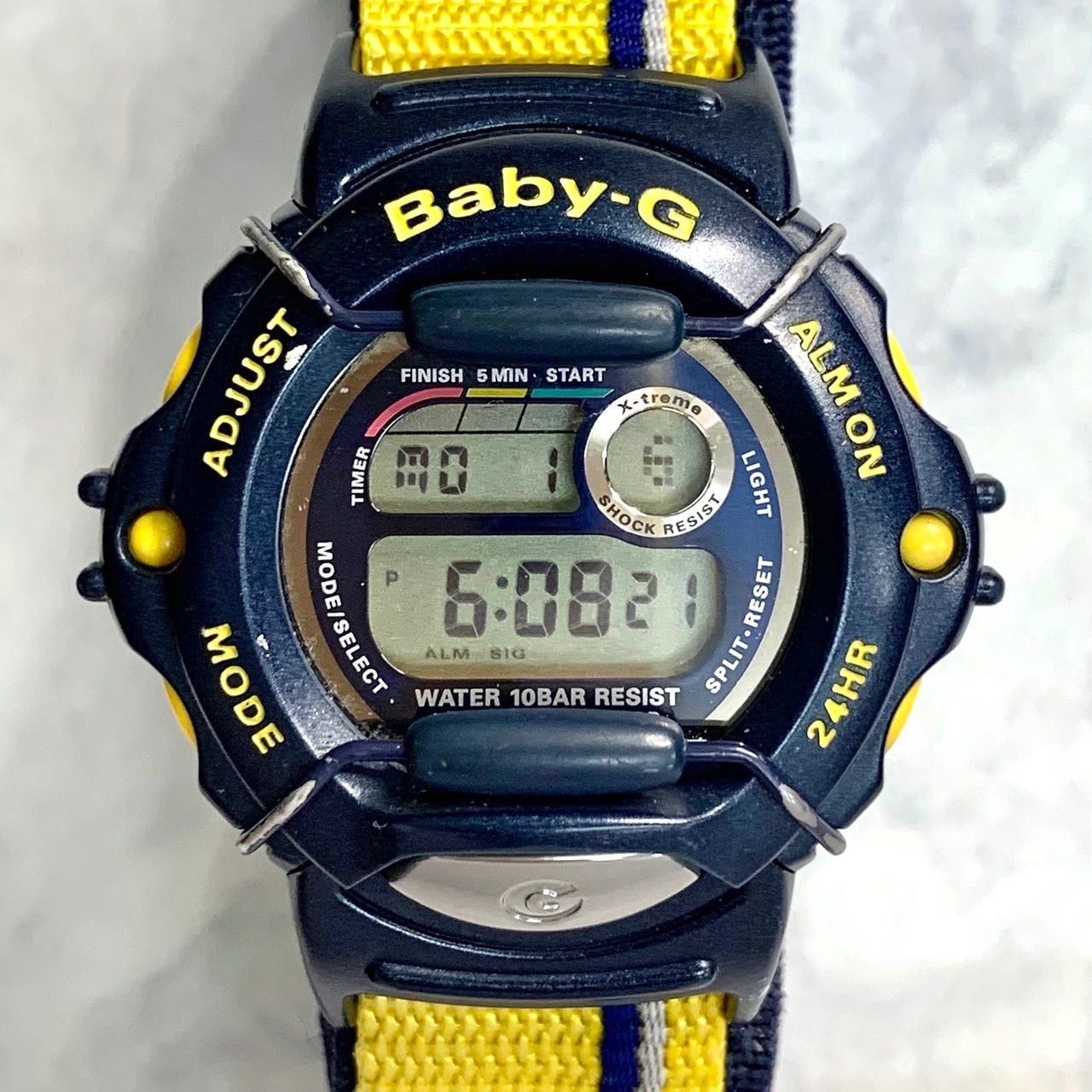 【Baby-G⭐️CASIO カシオ】 X-treme BGX-100 ベビージー エクストリーム　 デジタル 腕時計　 ネイビー×イエロー　  布製ベルト　 ステンレス　 動作確認済み （AYA）