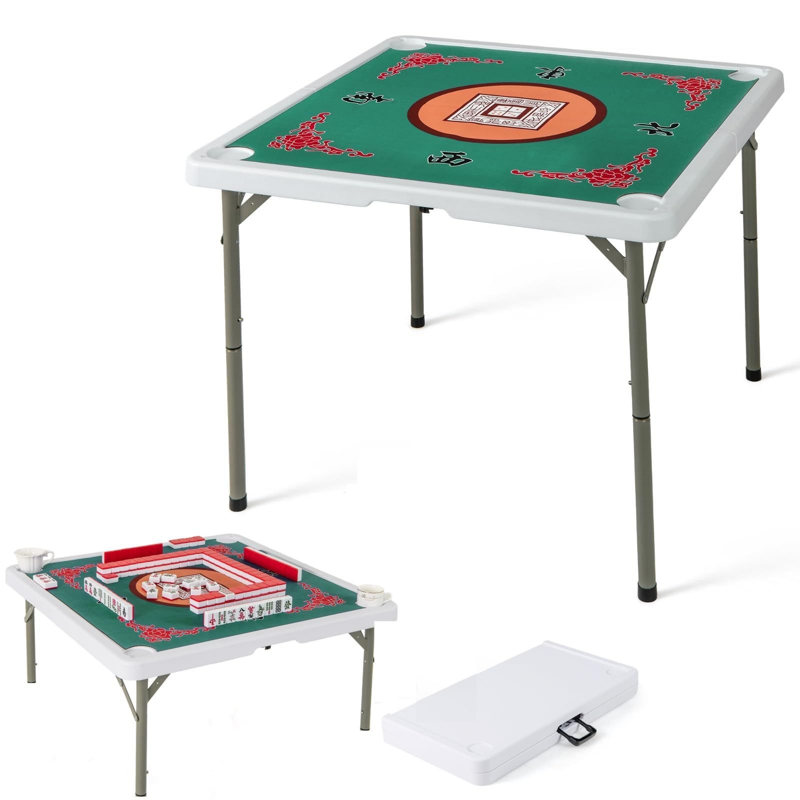 数量 マージャン卓 麻雀台 ポータブル 麻雀テーブル 取っ手あり持ち運び便利 カップホルダー付き マージャンテーブル 幅90x奥行90x高さ74cm 高さ2段階調整 家庭用 折りたたみ式 麻雀卓 グリーン柄 GOPLUS