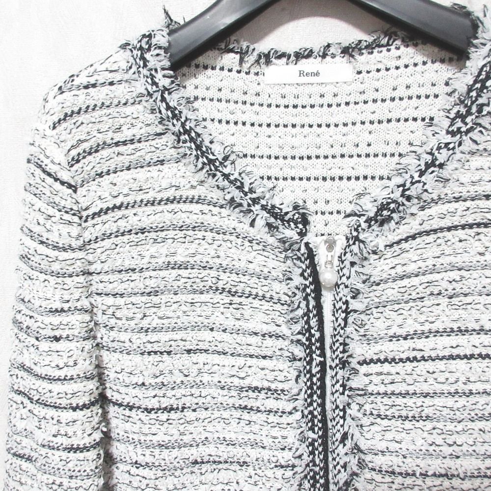 美品 Rene ルネ ジップアップ ノーカラー ニットツイード