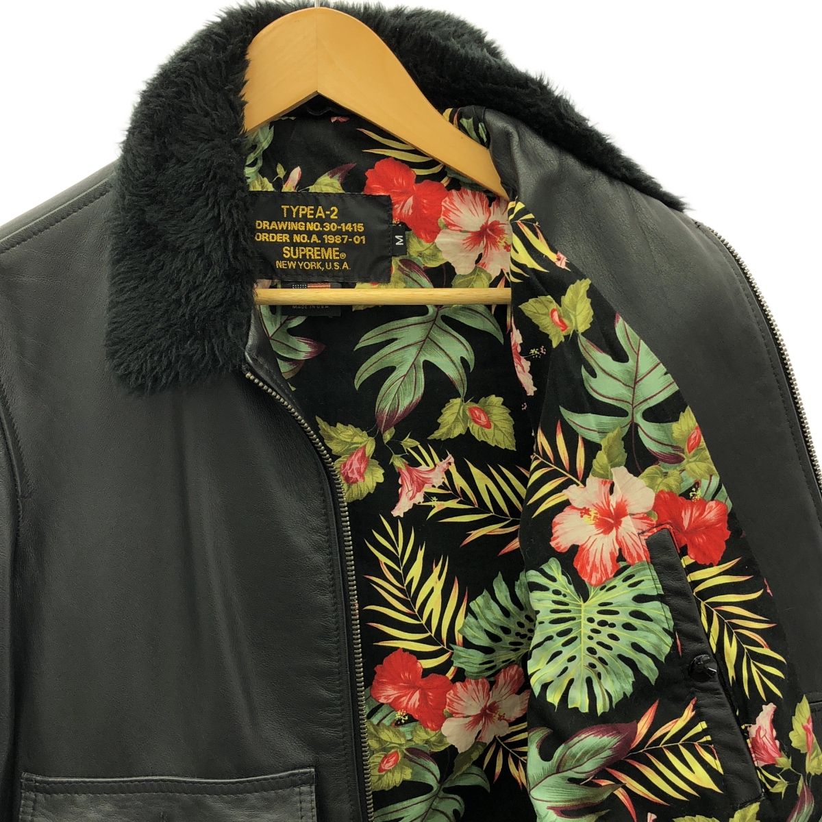 【美品】  SCHOTT / ショット | × SUPREME / シュプリーム Leather Flight Jacket / レザー フライトジャケット / 総柄裏地 | M | ブラック | メンズ 美品】 SCHOTT / ショット | × SUPREME / シュプリーム Leather Flight