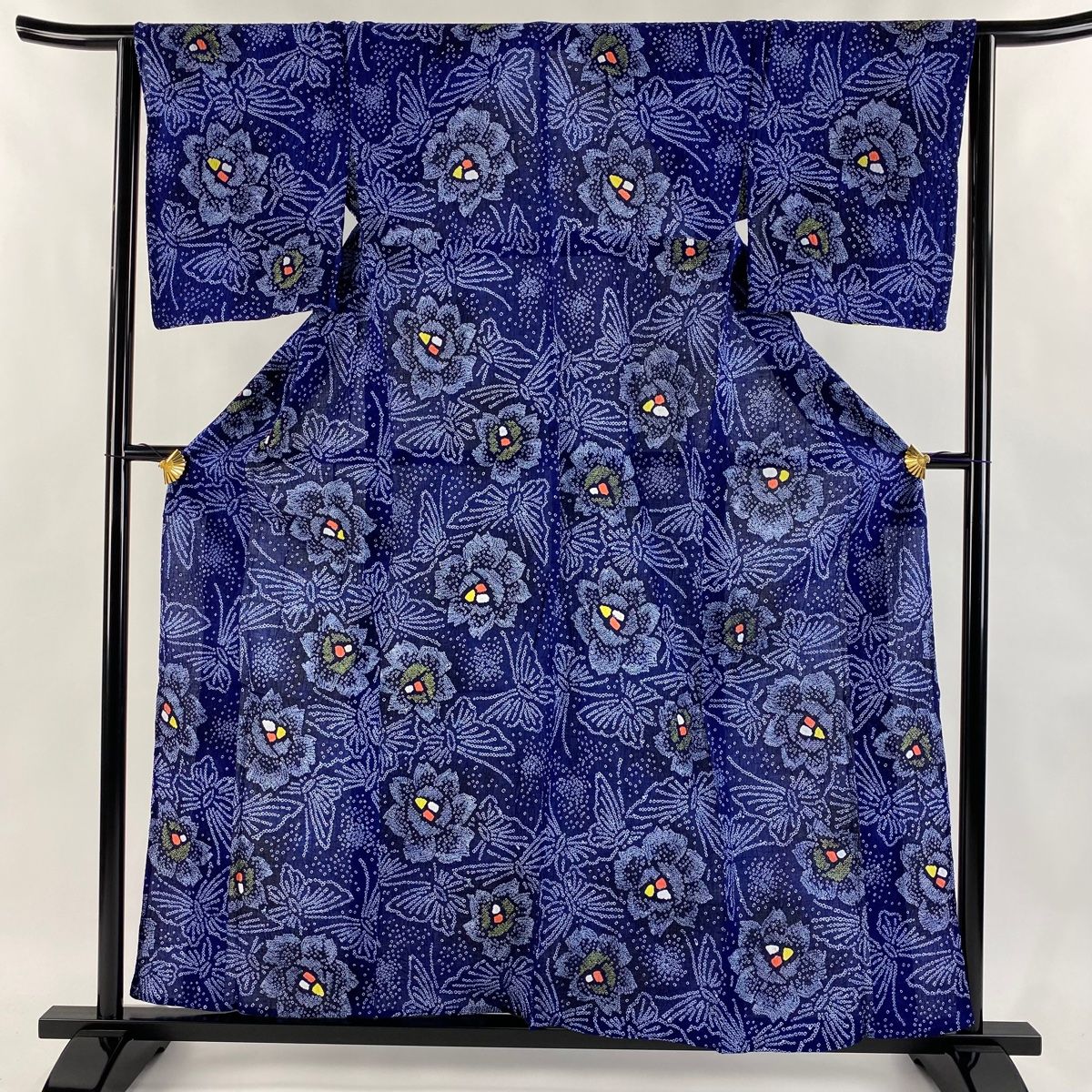 浴衣 身丈156cm 裄丈65cm M 絞り浴衣 花 蝶 紺色 綿 名品