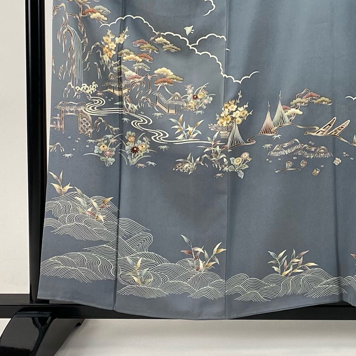 訪問着 身丈158cm 裄丈65cm M 袷 松竹梅 家屋 刺繍 金糸 灰色 正絹 秀品