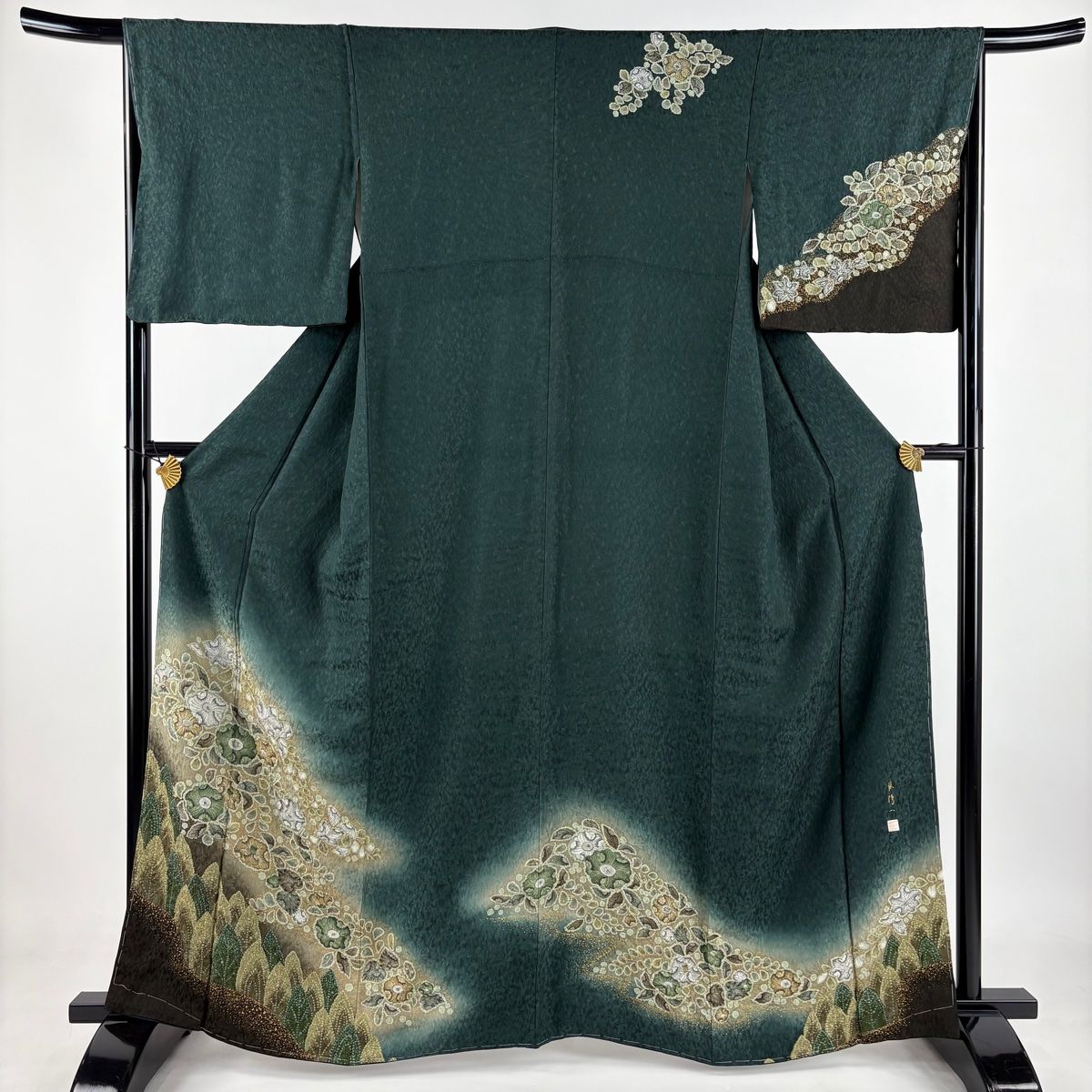 【美品】 付下げ 身丈162.5cm 裄丈65.5cm M 袷 林淳一 落款 辻が花柄 金彩 ぼかし 深緑 正絹 名品 【】
