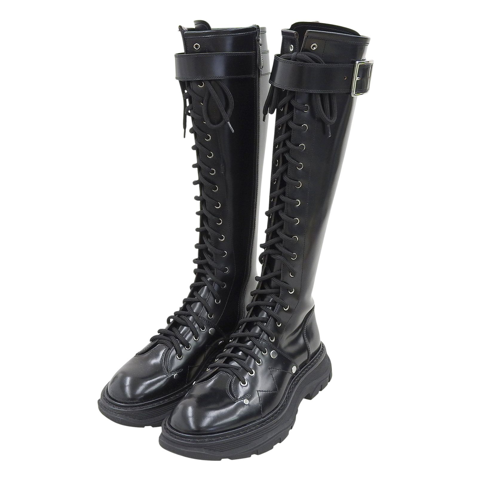 ▲Alexander McQueen アレキサンダーマックイーン 595466 サイドジップ レースアップ レザー ロングブーツ ブラック 39 箱 保存袋付き レディース